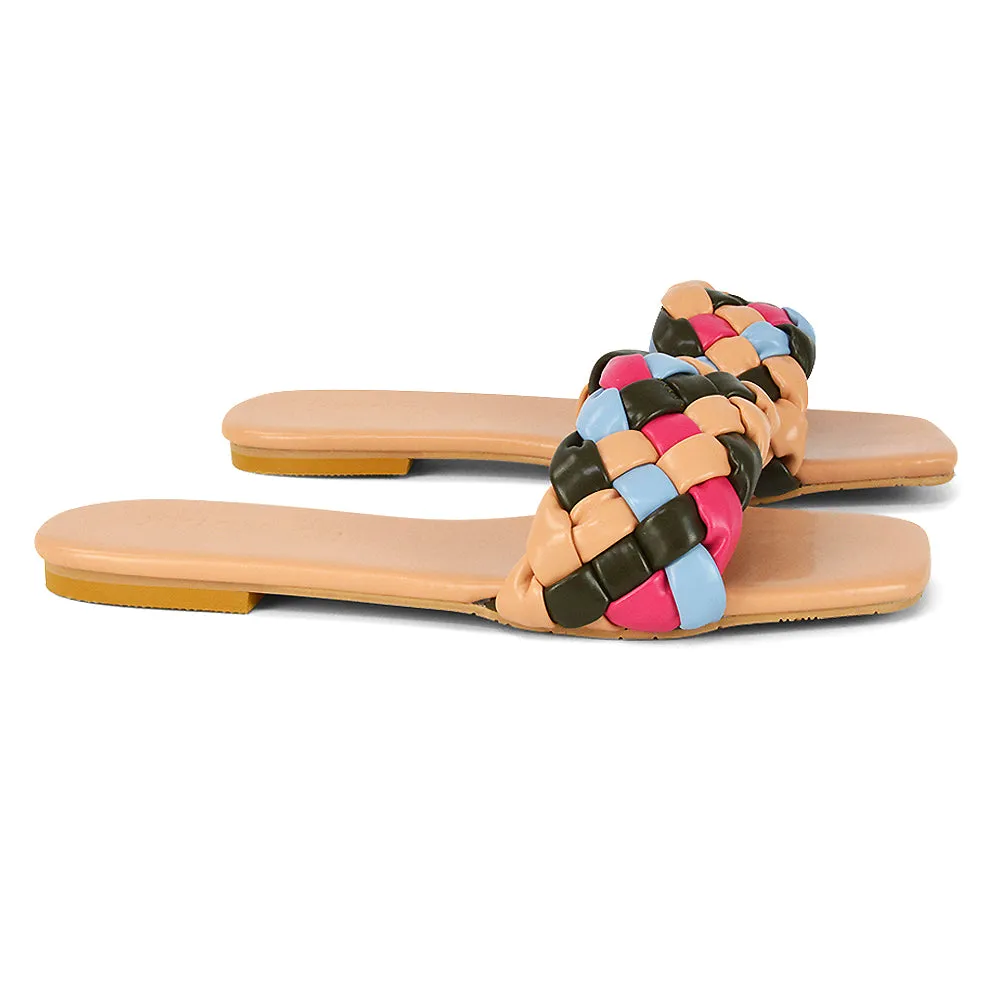 DARCIE WOVEN STRAP SQUARE TOE FLAT SLIDER SANDAL IN NUDE MULTI SYNTHETIC LEATHER