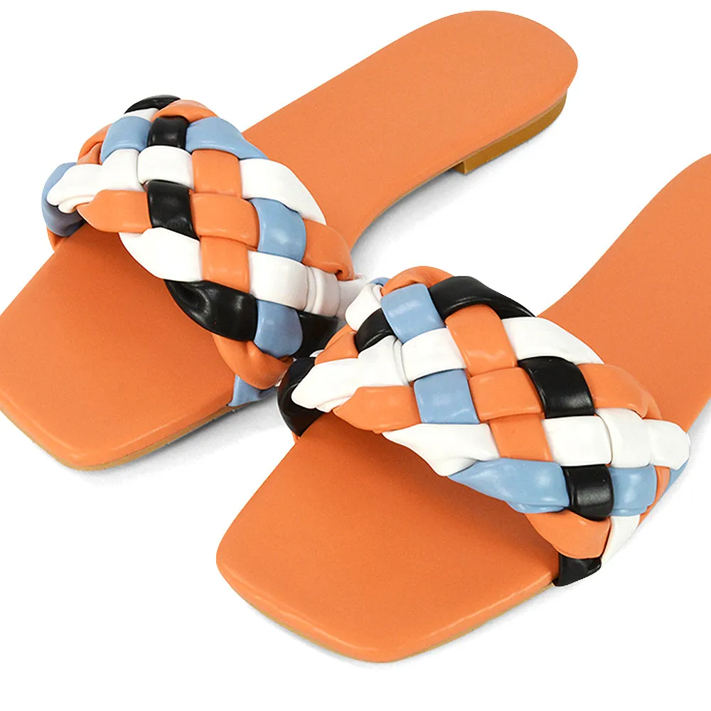 DARCIE WOVEN STRAP SQUARE TOE FLAT SLIDER SANDAL IN NUDE MULTI SYNTHETIC LEATHER