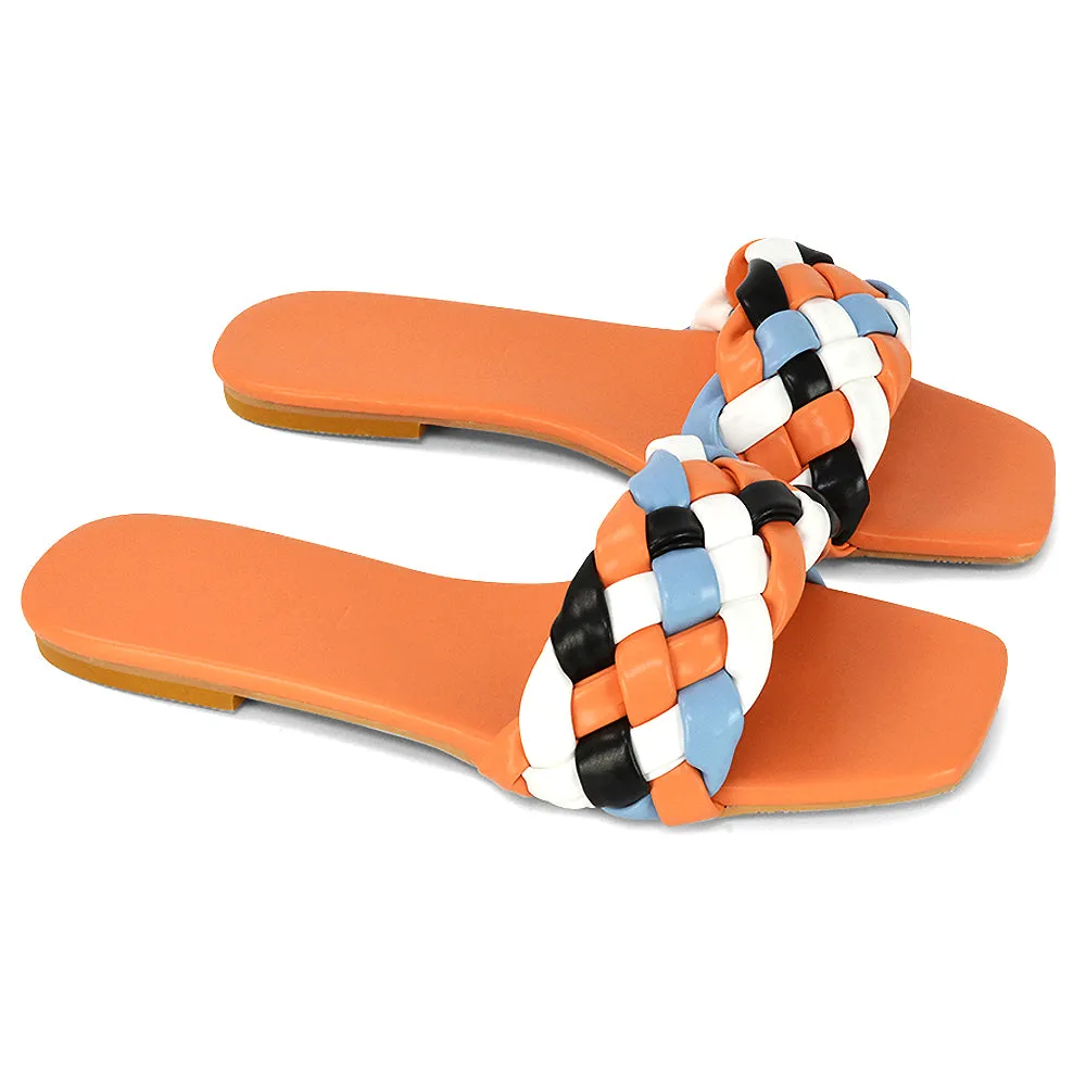 DARCIE WOVEN STRAP SQUARE TOE FLAT SLIDER SANDAL IN NUDE MULTI SYNTHETIC LEATHER