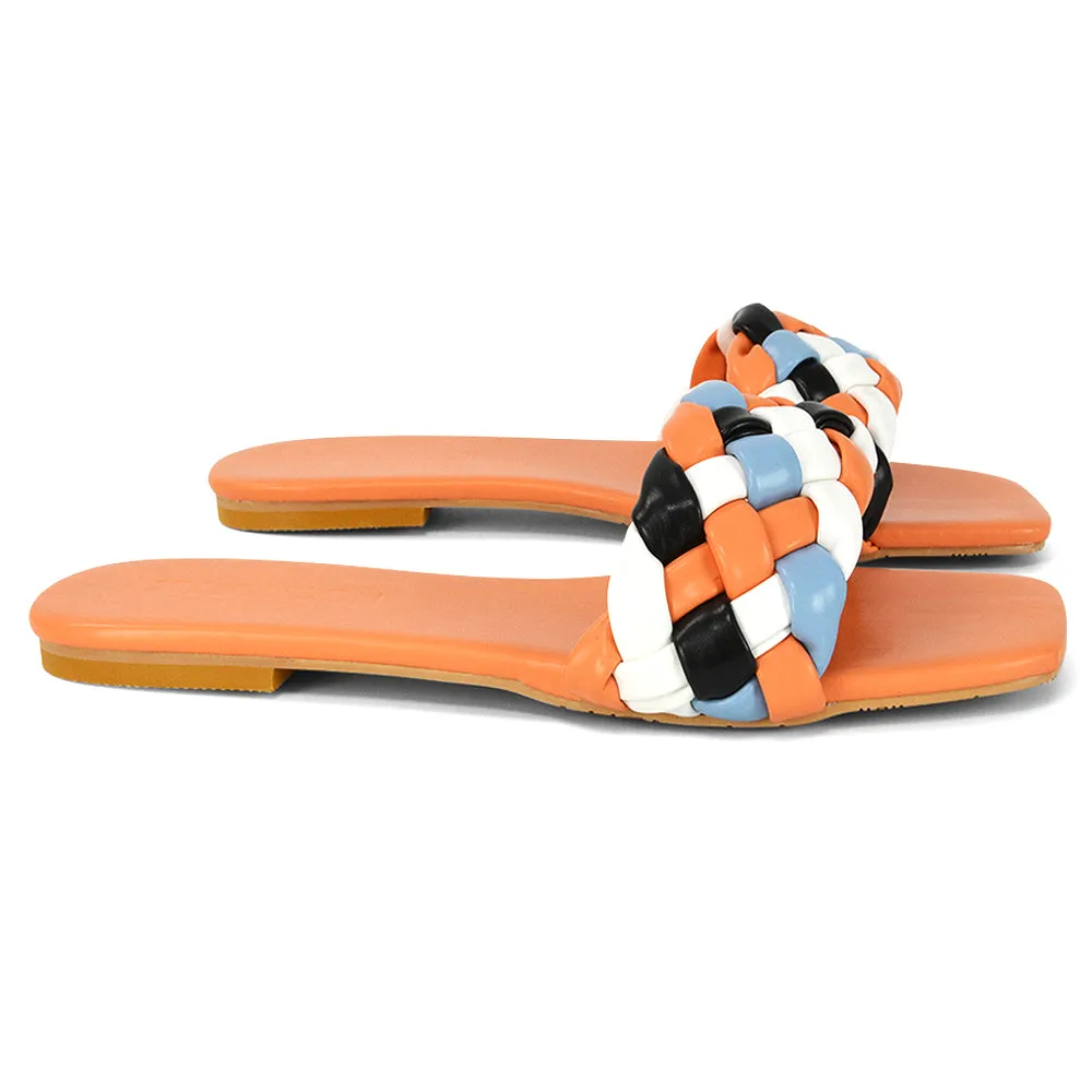 DARCIE WOVEN STRAP SQUARE TOE FLAT SLIDER SANDAL IN NUDE MULTI SYNTHETIC LEATHER