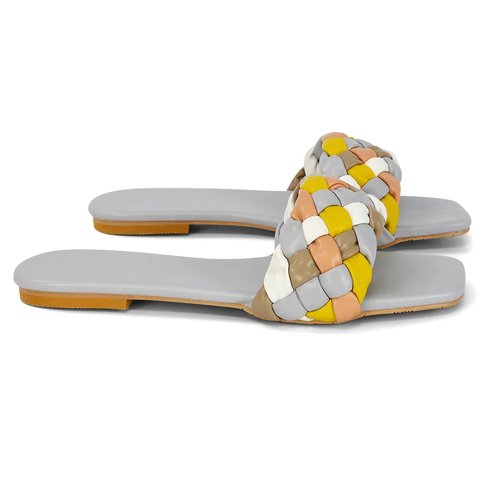 DARCIE WOVEN STRAP SQUARE TOE FLAT SLIDER SANDAL IN NUDE MULTI SYNTHETIC LEATHER