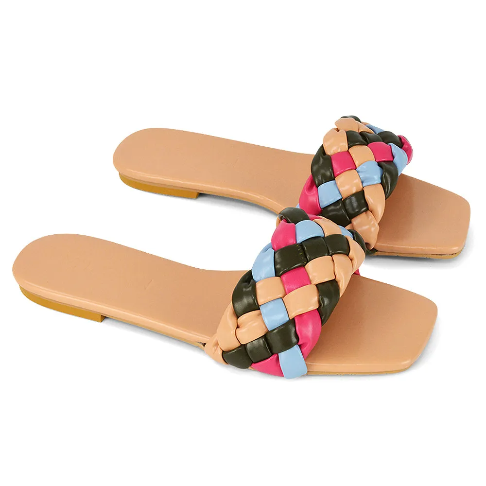 DARCIE WOVEN STRAP SQUARE TOE FLAT SLIDER SANDAL IN NUDE MULTI SYNTHETIC LEATHER