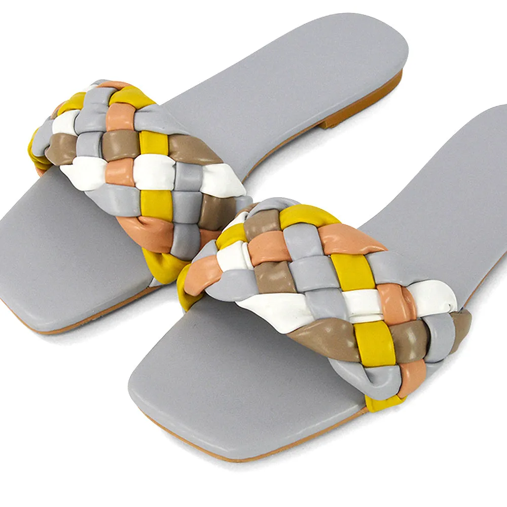 DARCIE WOVEN STRAP SQUARE TOE FLAT SLIDER SANDAL IN NUDE MULTI SYNTHETIC LEATHER