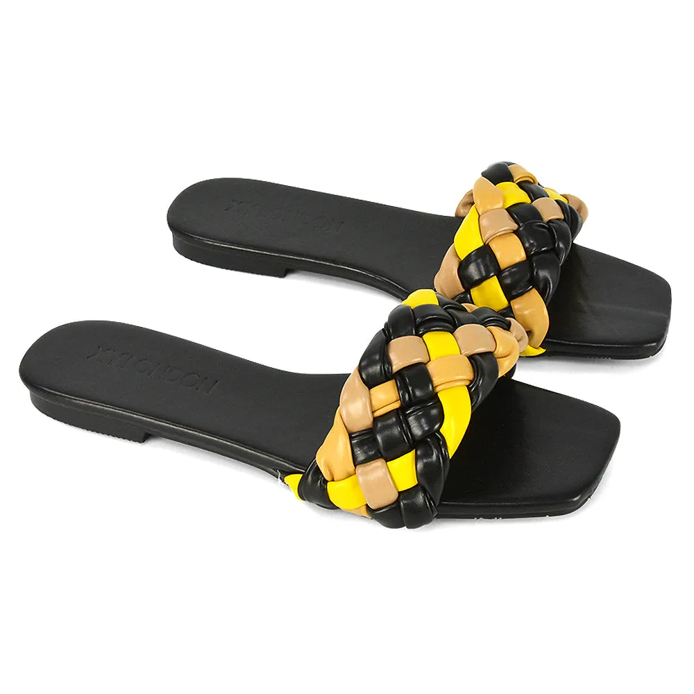 DARCIE WOVEN STRAP SQUARE TOE FLAT SLIDER SANDAL IN NUDE MULTI SYNTHETIC LEATHER