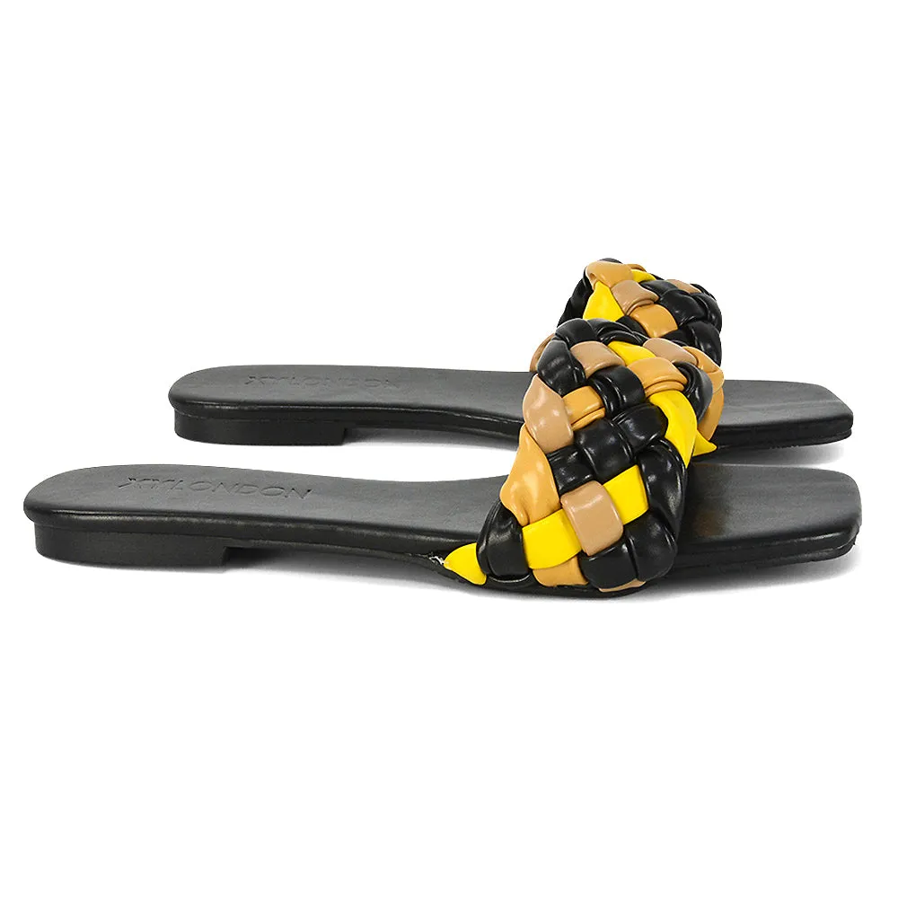 DARCIE WOVEN STRAP SQUARE TOE FLAT SLIDER SANDAL IN NUDE MULTI SYNTHETIC LEATHER