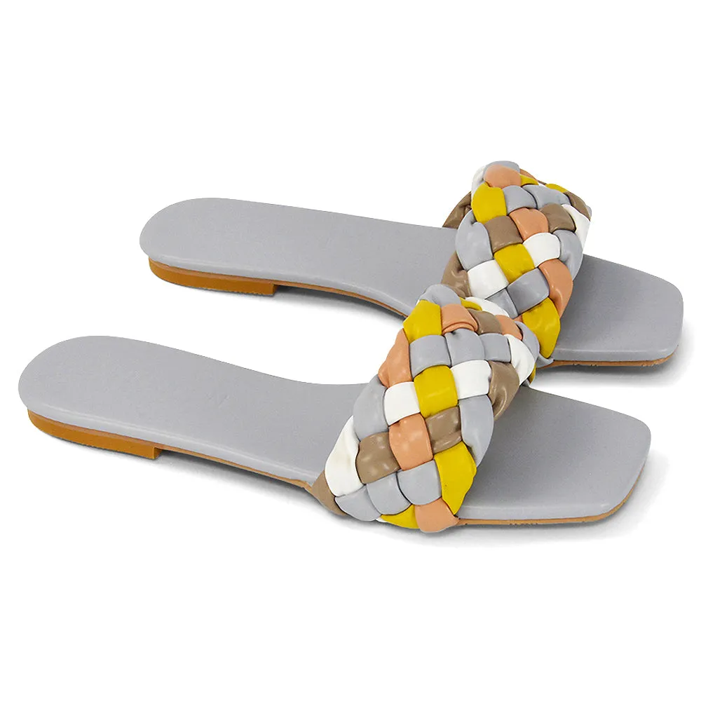 DARCIE WOVEN STRAP SQUARE TOE FLAT SLIDER SANDAL IN NUDE MULTI SYNTHETIC LEATHER