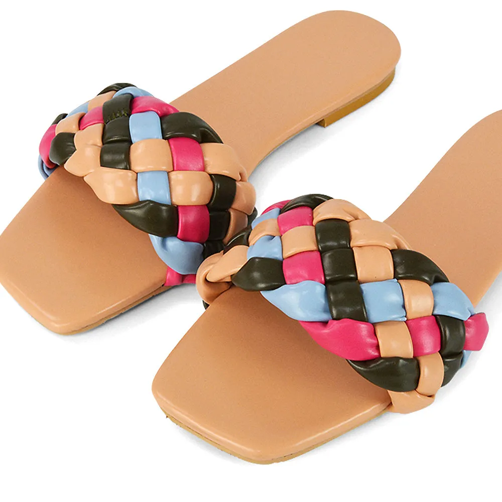 DARCIE WOVEN STRAP SQUARE TOE FLAT SLIDER SANDAL IN NUDE MULTI SYNTHETIC LEATHER