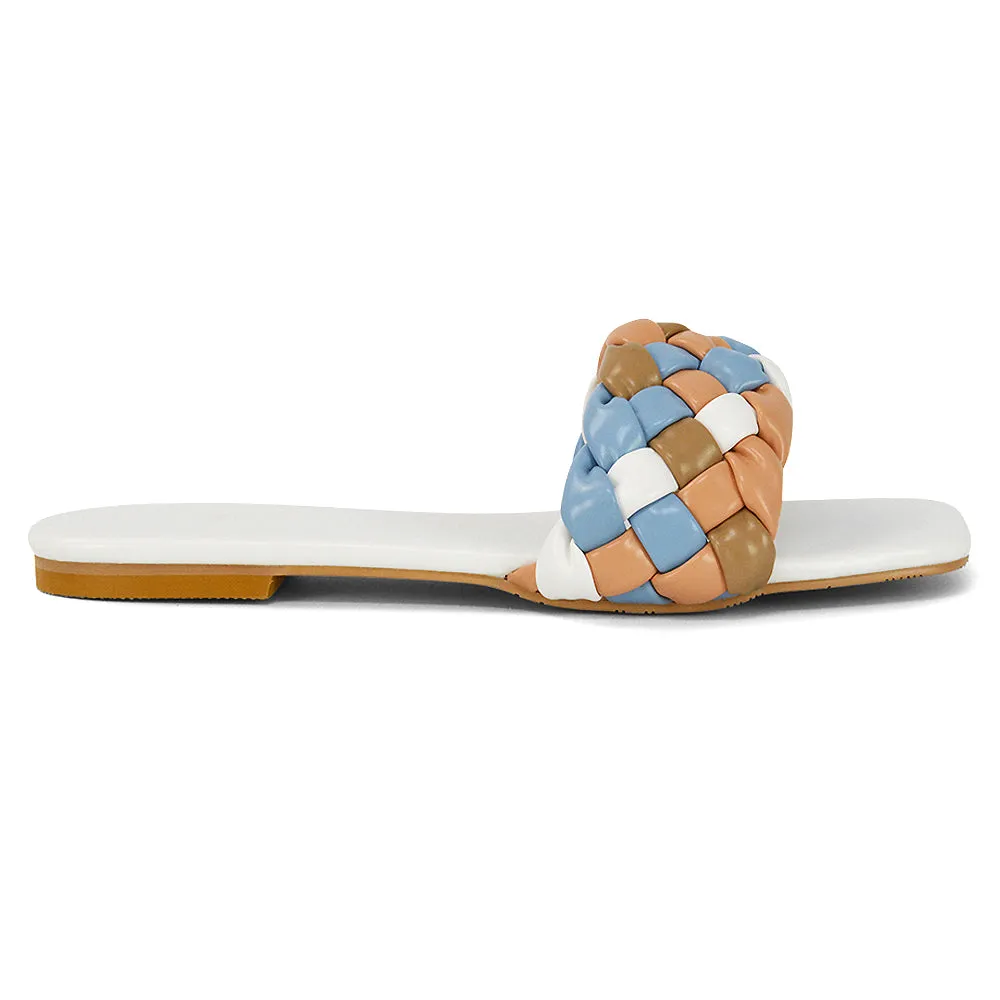 DARCIE WOVEN STRAP SQUARE TOE FLAT SLIDER SANDAL IN NUDE MULTI SYNTHETIC LEATHER