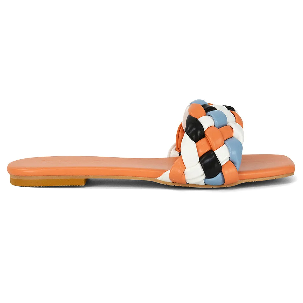 DARCIE WOVEN STRAP SQUARE TOE FLAT SLIDER SANDAL IN NUDE MULTI SYNTHETIC LEATHER