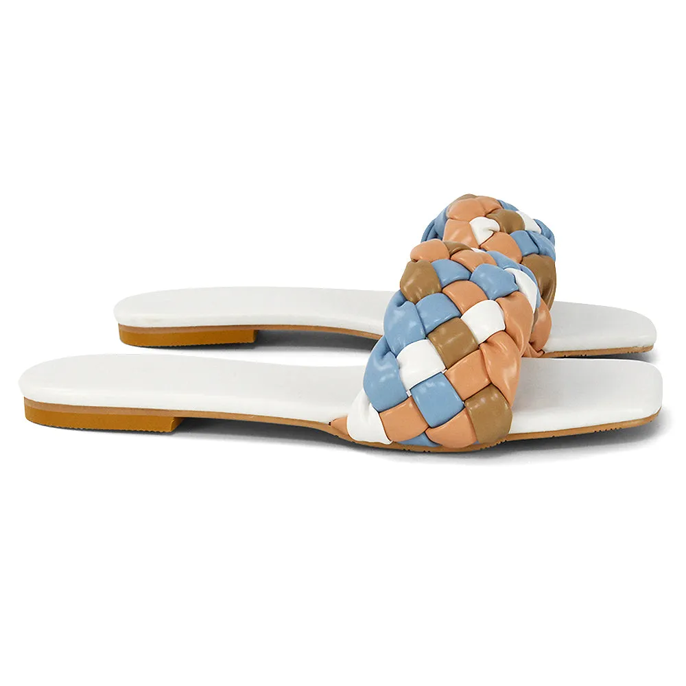 DARCIE WOVEN STRAP SQUARE TOE FLAT SLIDER SANDAL IN NUDE MULTI SYNTHETIC LEATHER