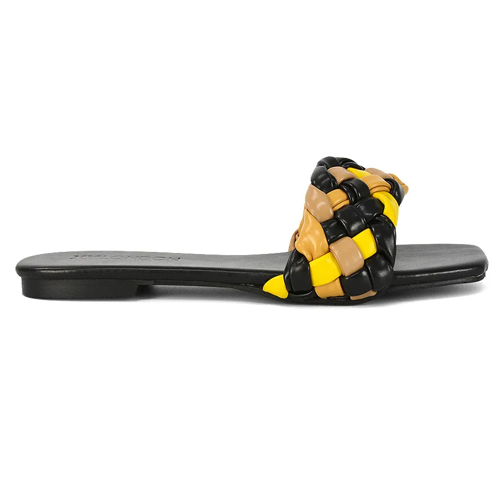 DARCIE WOVEN STRAP SQUARE TOE FLAT SLIDER SANDAL IN NUDE MULTI SYNTHETIC LEATHER