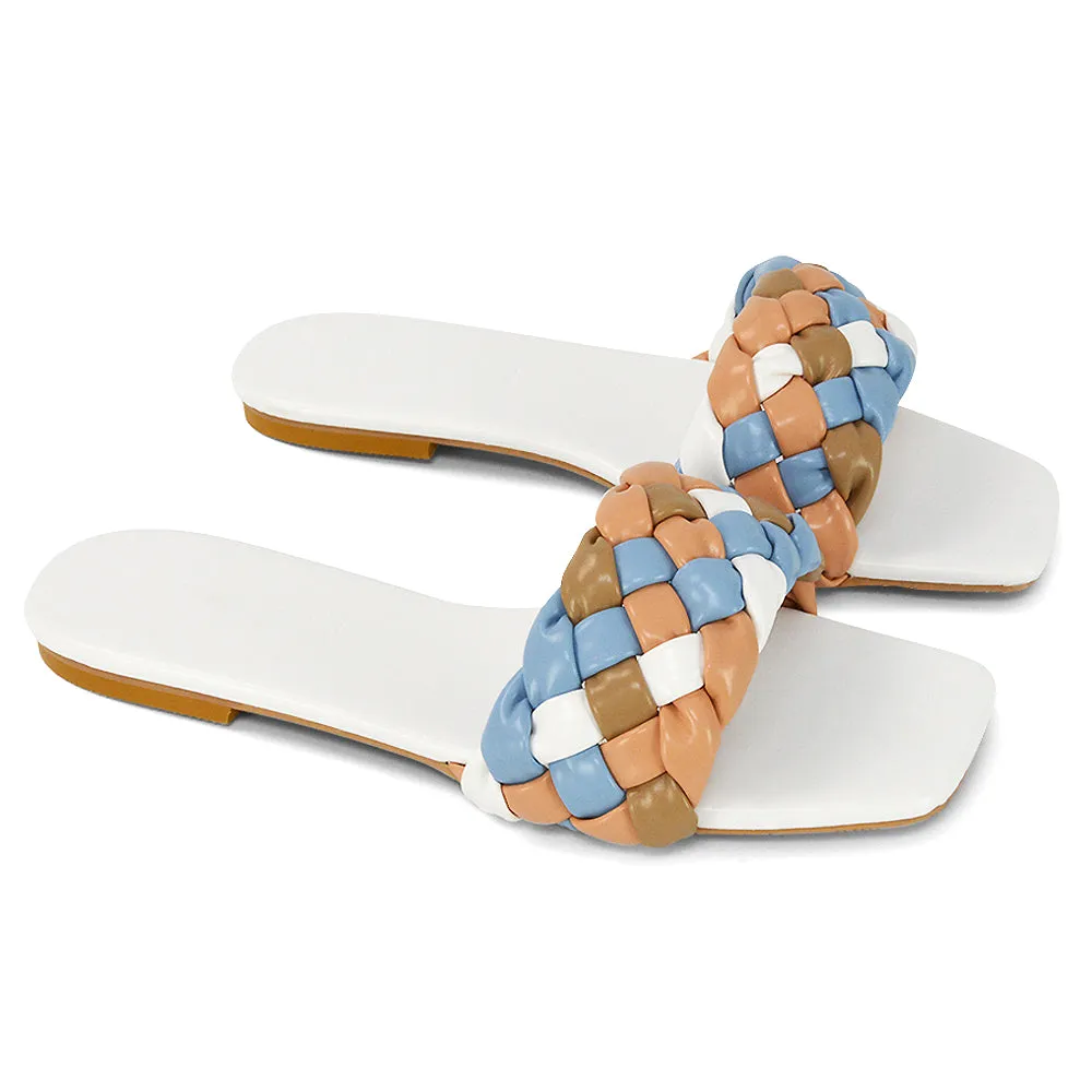 DARCIE WOVEN STRAP SQUARE TOE FLAT SLIDER SANDAL IN NUDE MULTI SYNTHETIC LEATHER