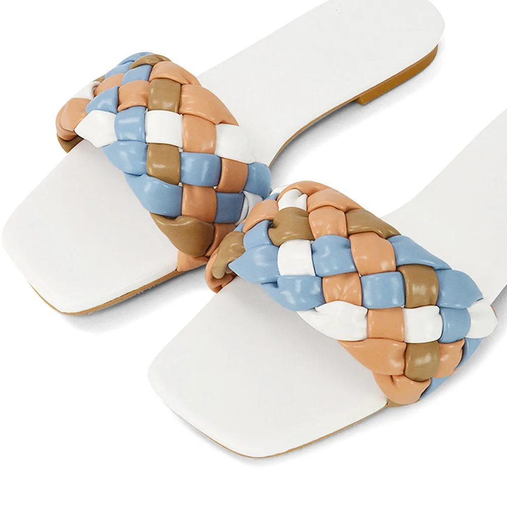 DARCIE WOVEN STRAP SQUARE TOE FLAT SLIDER SANDAL IN NUDE MULTI SYNTHETIC LEATHER