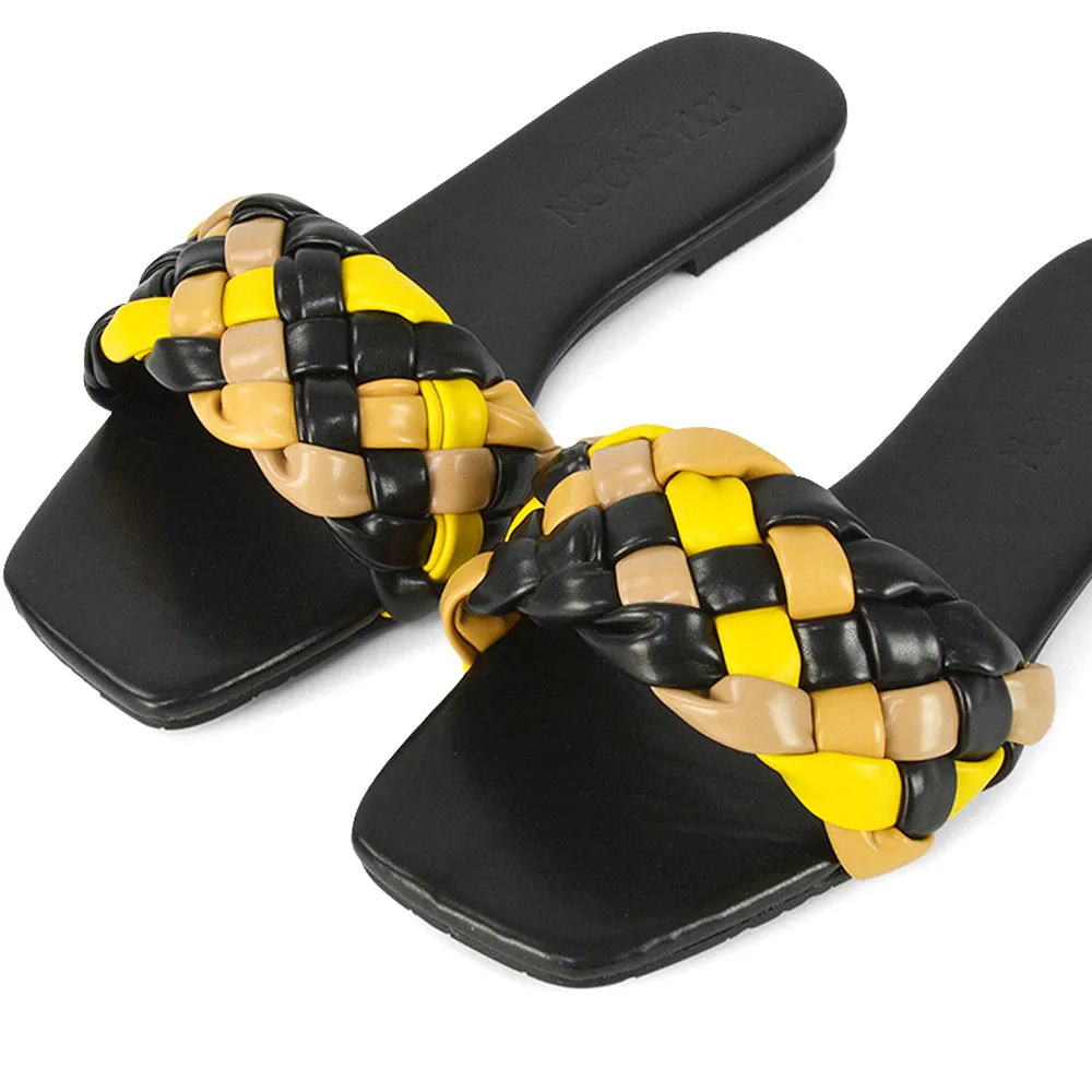 DARCIE WOVEN STRAP SQUARE TOE FLAT SLIDER SANDAL IN NUDE MULTI SYNTHETIC LEATHER
