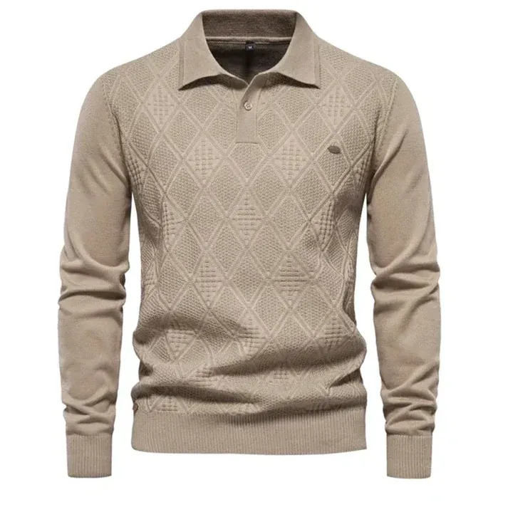 MenPure - Heren Poloshirt Lange Mouwen, Gestructureerde Brei, Klassiek Ruitpatroon