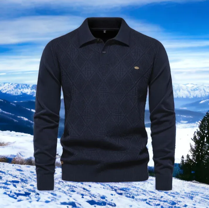 MenPure - Heren Poloshirt Lange Mouwen, Gestructureerde Brei, Klassiek Ruitpatroon