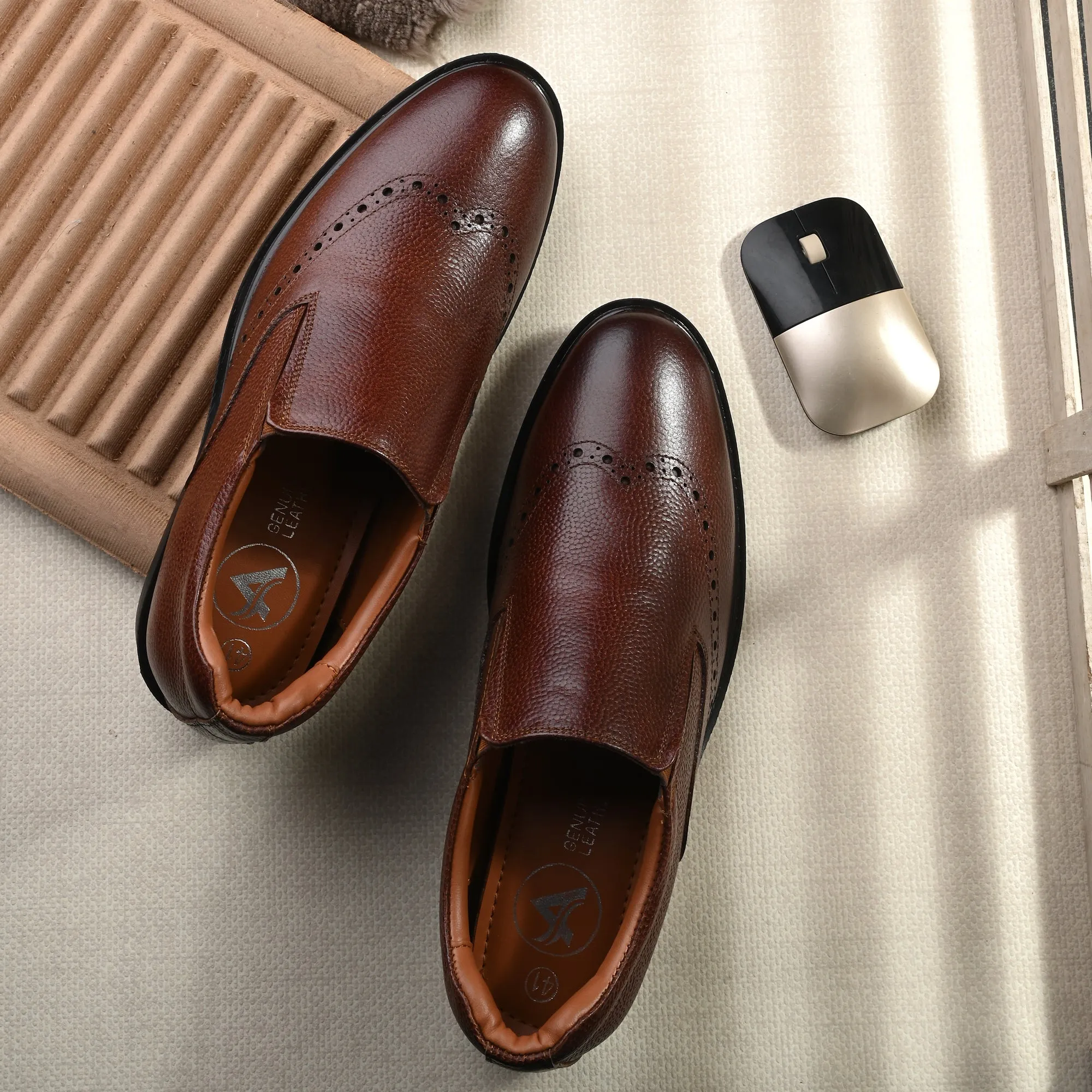Neat Full Grain Leather Brogue Slip Ons