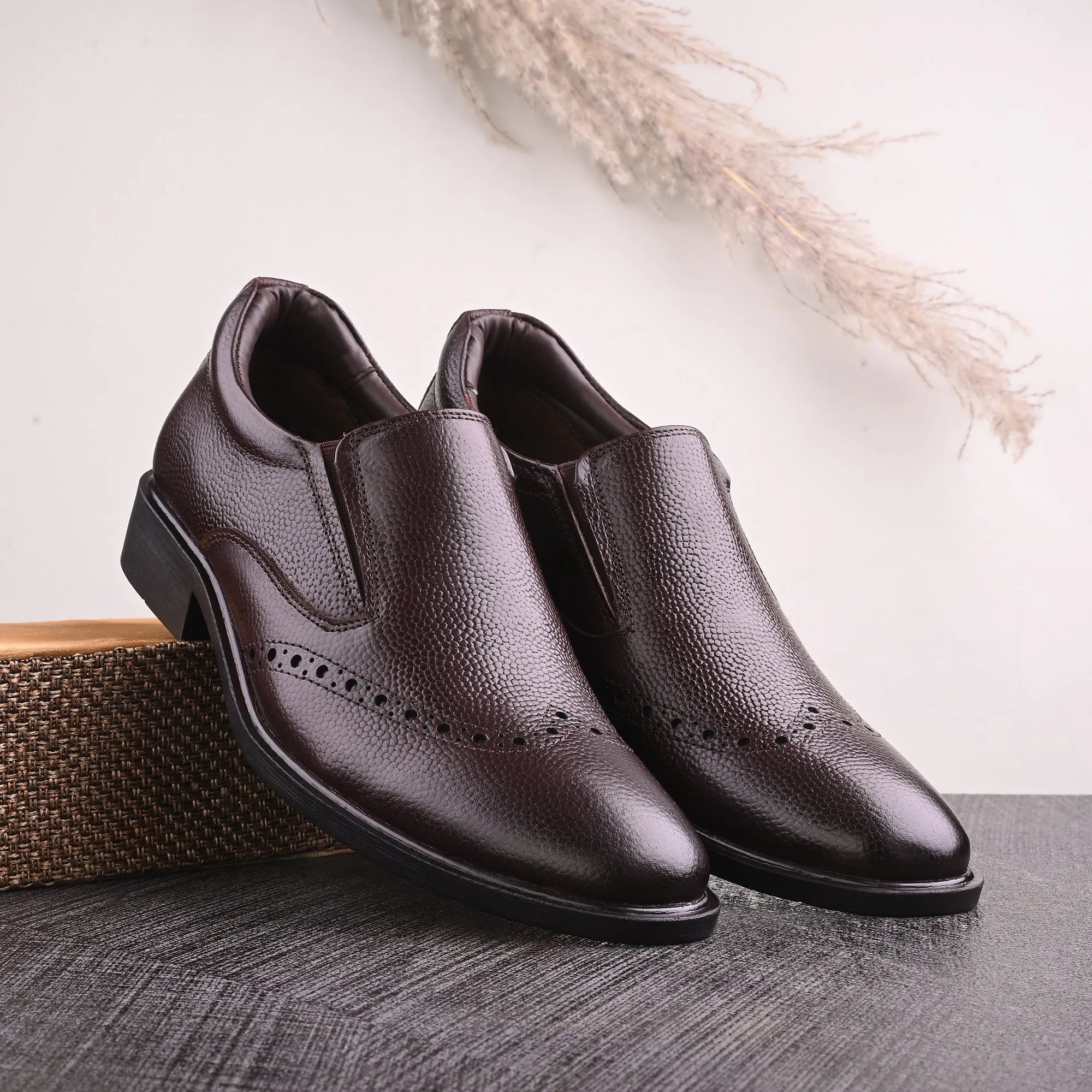 Neat Full Grain Leather Brogue Slip Ons