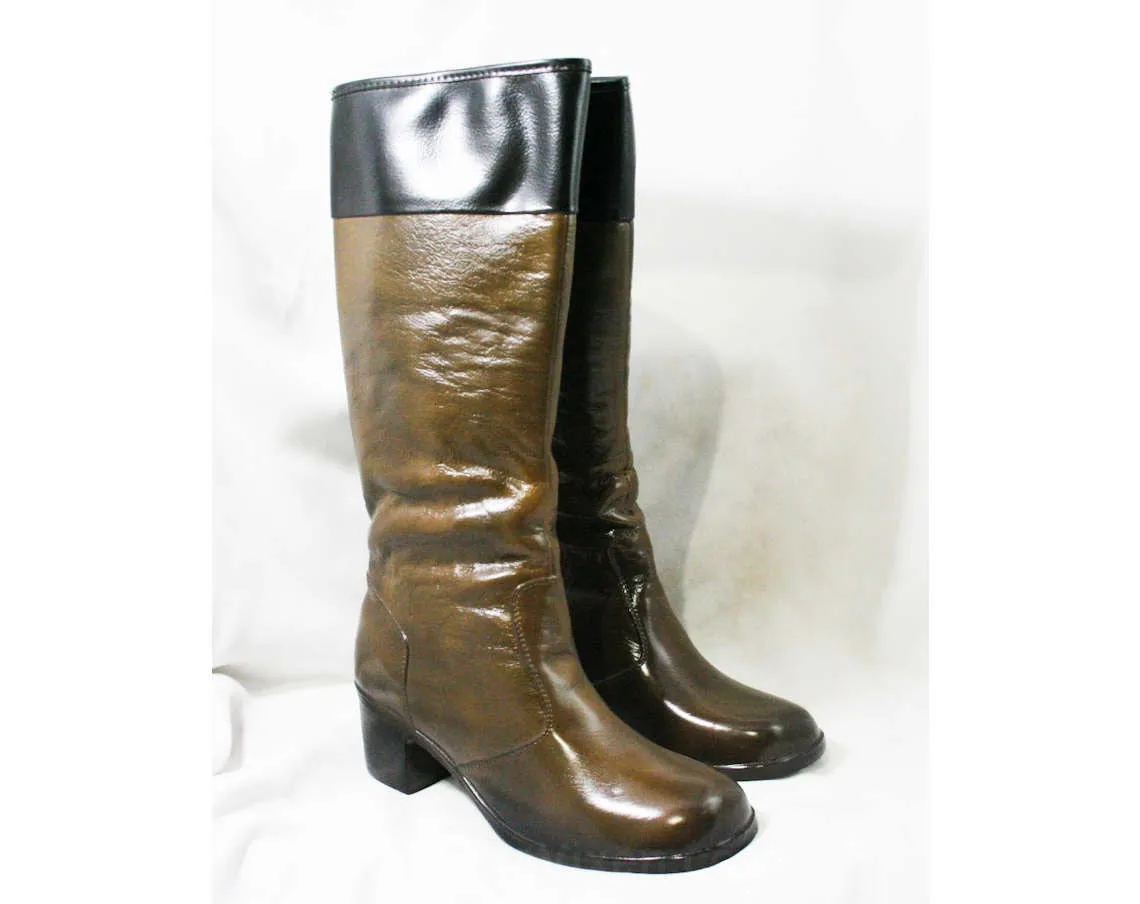 Size 10 Black & Brown 60s Boots - Waterproof Rubber - Sophisticated 1960s Street Style - Color Block - Lined - Unworn - Deadstock - 43293-5