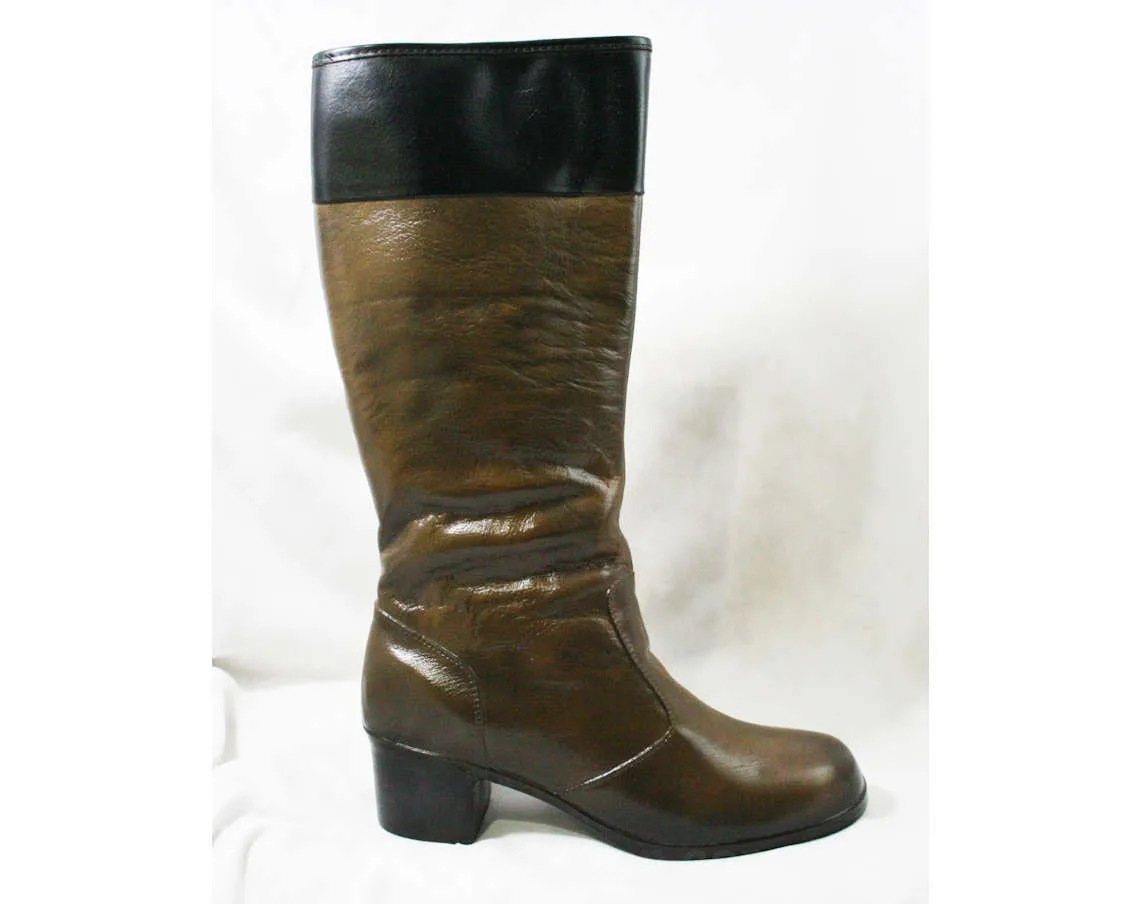 Size 9 Brown Boots with Black Rim - Waterproof Rubber - Sophisticated 1960s Street Style - Color Block - Lined - Unworn Deadstock 60s Shoes