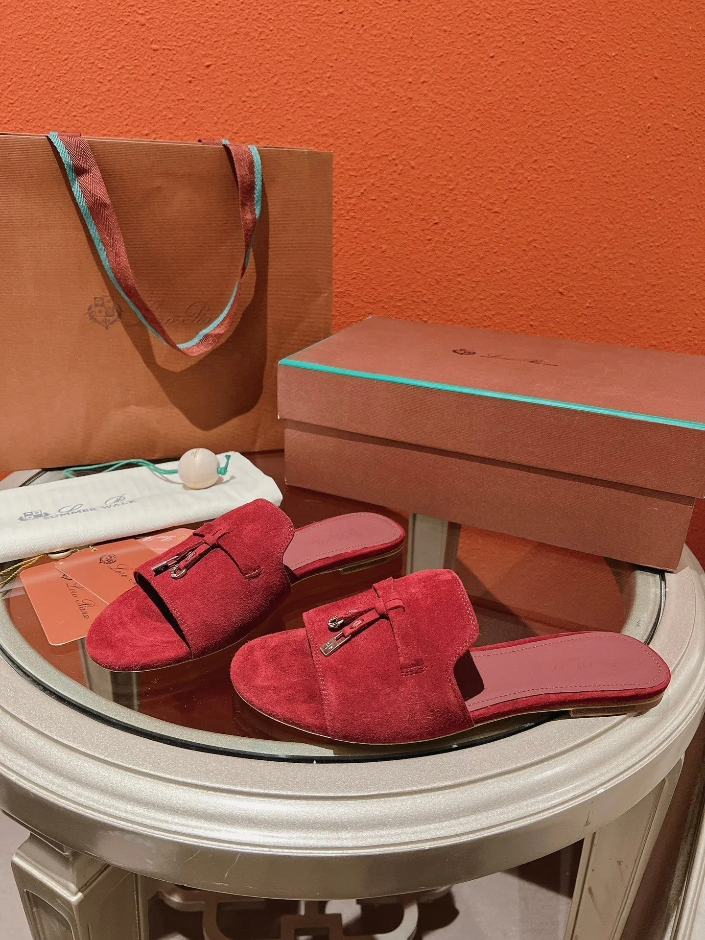 Summer Charms Sandals in Red Suede Maroon Lambskin