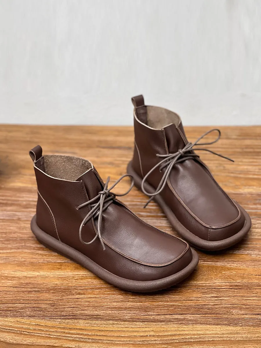 Women Winter Retro Soft Genuine Leather Flat Boots QU015