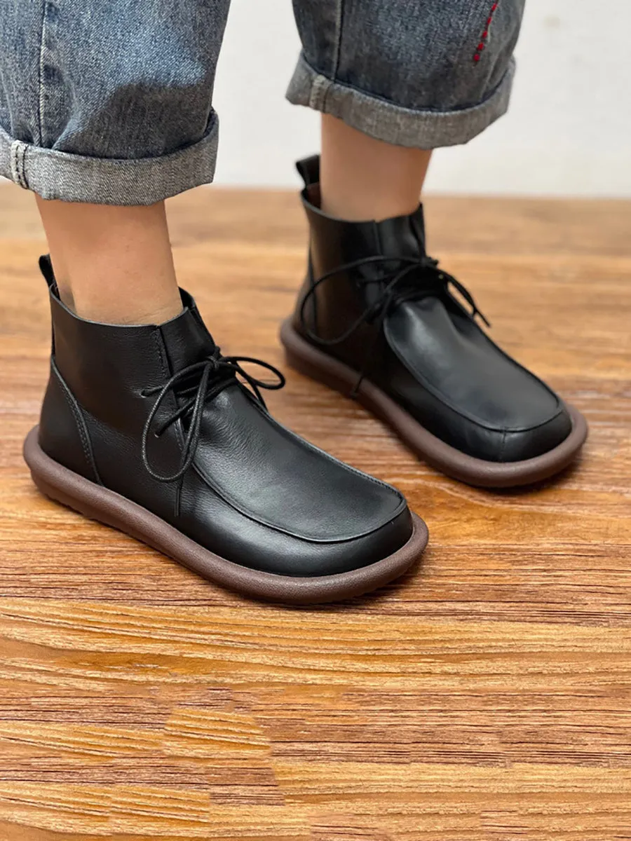 Women Winter Retro Soft Genuine Leather Flat Boots QU015